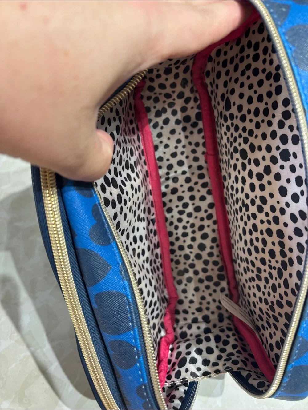Dabney Lee Multiple Compartment Blue Cosmetic Pouch with Navy Heart Print